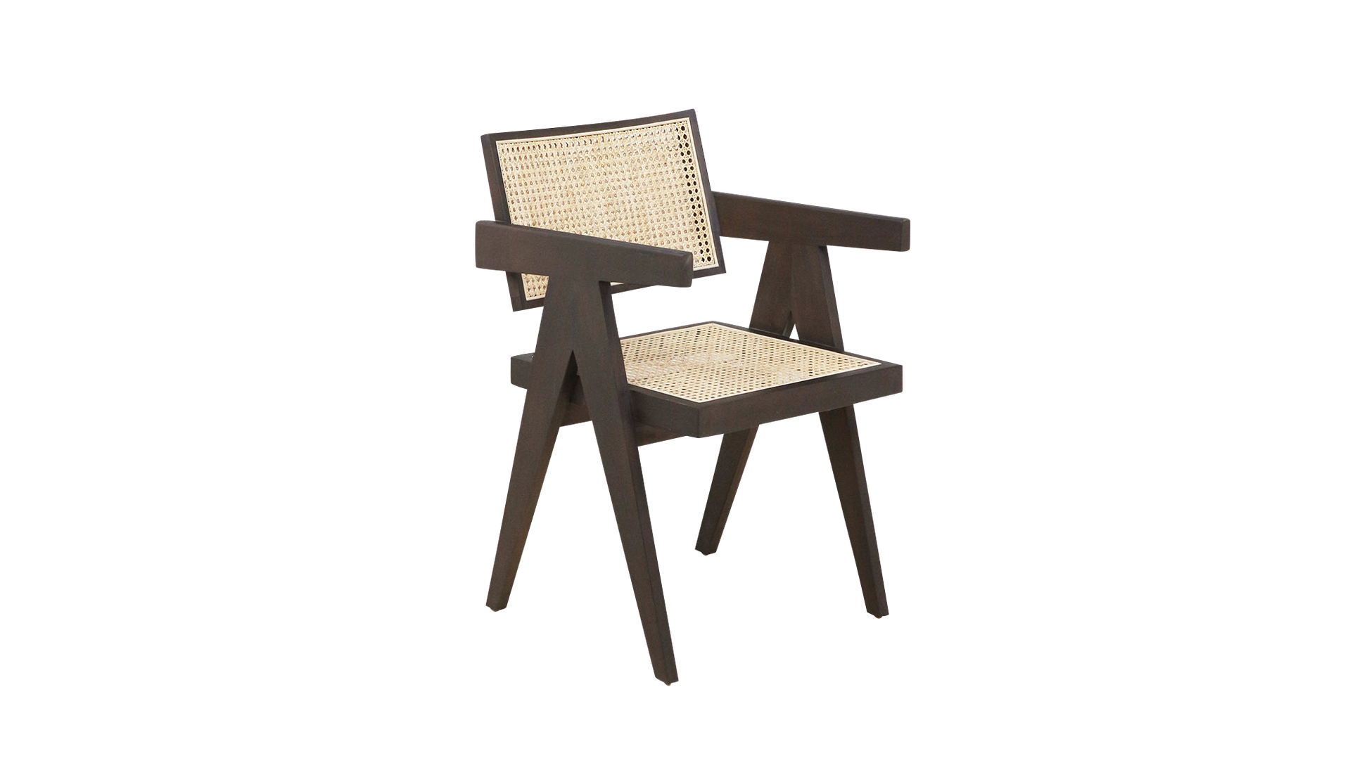 Dark brown rattan dining chair named Pierre with a sturdy frame, designed for comfortable seating in a modern dining room.