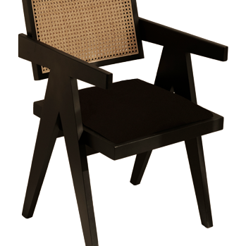 Black rattan dining chair with upholstered seat by Pierre, featuring a modern design and sturdy black frame.