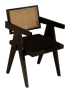 Black rattan dining chair with upholstered seat by Pierre, featuring a modern design and sturdy black frame.