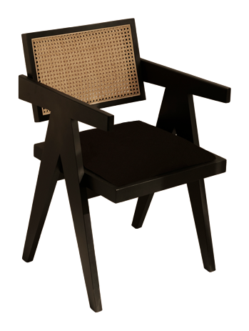 Black rattan dining chair with upholstered seat by Pierre, featuring a modern design and sturdy black frame.