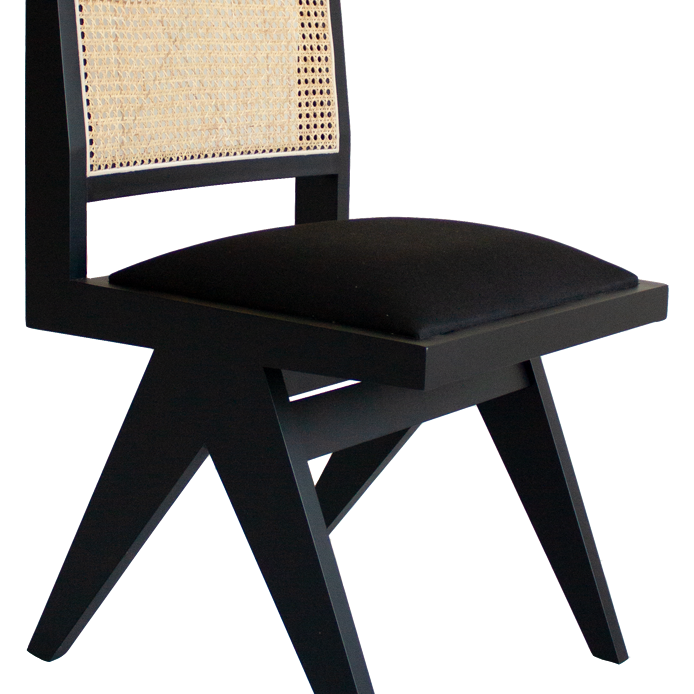 Black rattan dining chair with upholstered seat, contemporary design, without armrests, named Pierre, by My Store.