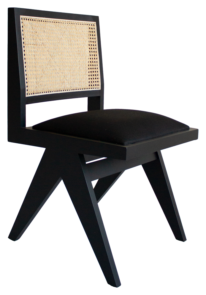Black rattan dining chair with upholstered seat, contemporary design, without armrests, named Pierre, by My Store.