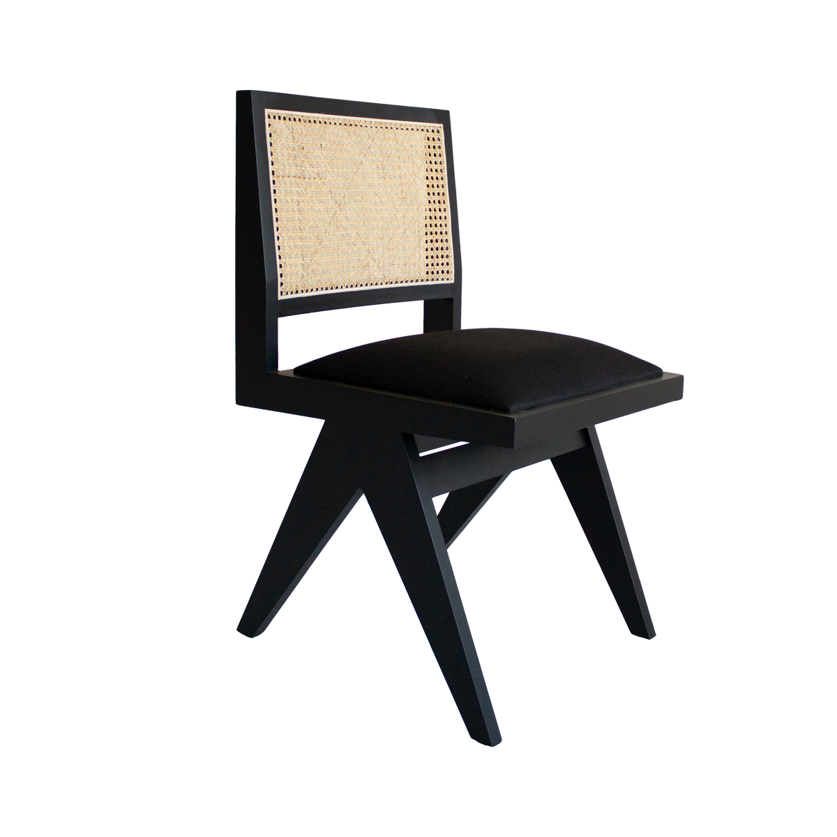 Black rattan dining chair with upholstered seat and no armrests, featuring a modern design by Pierre.