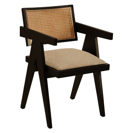 Black rattan dining chair with upholstered seat named Pierre, featuring a stylish woven rattan frame and cushioned seating.