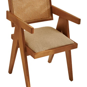 Brown rattan dining chair with upholstered seat named Pierre, featuring a stylish natural rattan frame and comfortable cushioning.