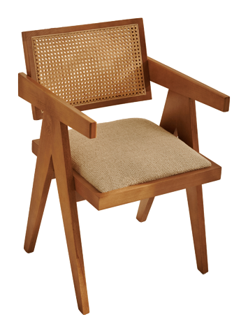 Brown rattan dining chair with upholstered seat named Pierre, featuring a stylish natural rattan frame and comfortable cushioning.