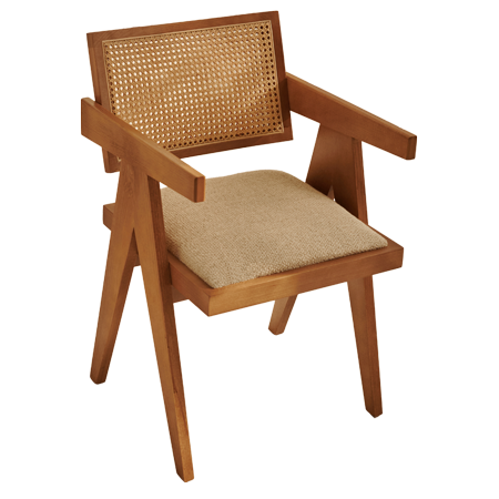Brown rattan dining chair with upholstered seat, Pierre style, showcasing natural woven rattan frame and comfortable cushioned seat.