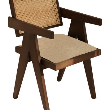 Dark brown rattan dining chair with upholstered seat, model Pierre, showcasing a stylish, comfortable design for dining rooms.