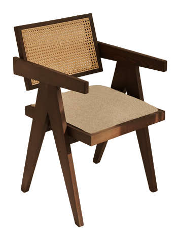 Dark brown rattan dining chair with upholstered seat, model Pierre, showcasing a stylish, comfortable design for dining rooms.