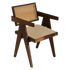 Dark brown rattan dining chair with upholstered seat, silhouette of Pierre brand chair for stylish kitchen or dining room decor