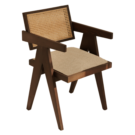 Dark brown rattan dining chair with upholstered seat, silhouette of Pierre brand chair for stylish kitchen or dining room decor