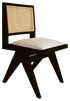 Black rattan dining chair with upholstered seat, Pierre style, without armrests, showcasing a modern, minimalist design.