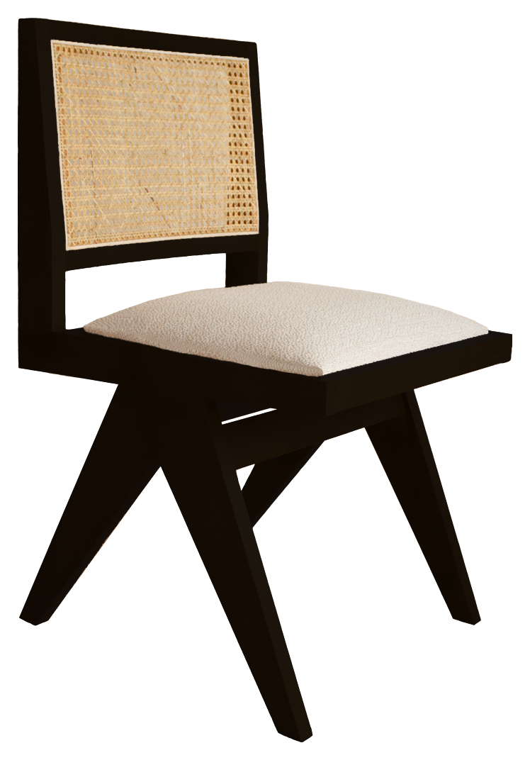 Black rattan dining chair with upholstered seat, Pierre style, without armrests, showcasing a modern, minimalist design.