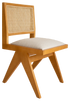 Brown rattan dining chair with upholstered seat, Pierre brand, sleek armrest-free design for stylish dining room seating.