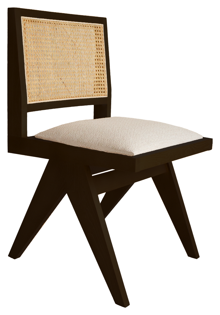 Dark brown rattan dining chair with upholstered seat and no armrests, model Pierre, suitable for modern dining room decor.