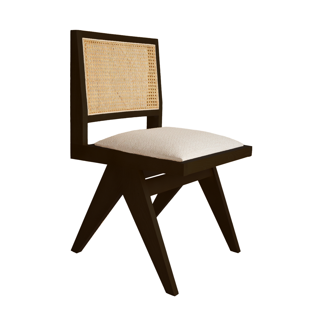 Dark brown rattan dining chair with upholstered seat, Pierre by My Store, without armrests, suitable for modern dining spaces.