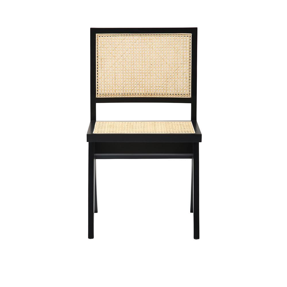 Black rattan dining chair without armrests from the Pierre collection, featuring a sleek, modern design.