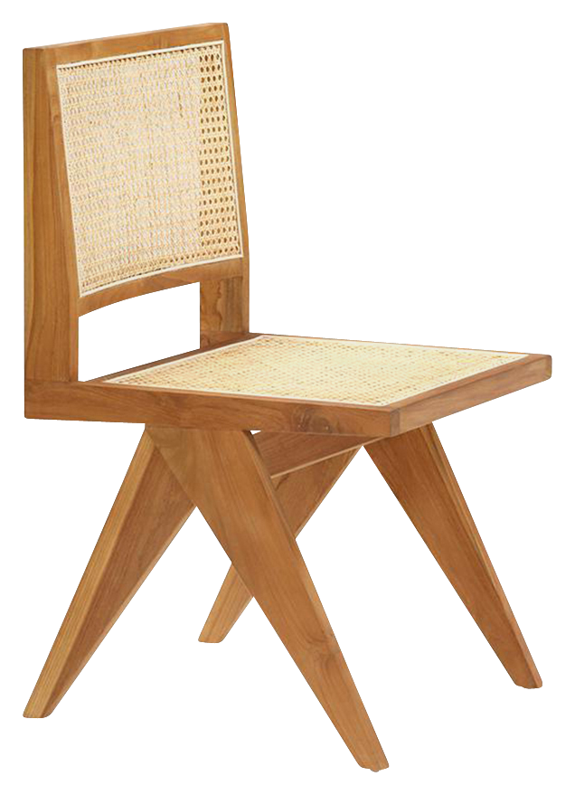 Brown rattan dining chair without armrests, model Pierre by My Store, showing a stylish, lightweight furniture piece for dining rooms.
