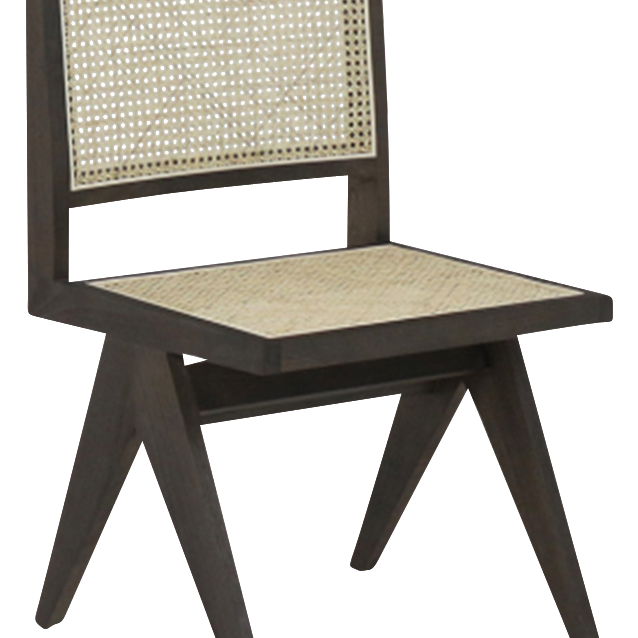 Dark brown rattan dining chair without armrests, model Pierre, showcasing woven texture and sturdy wooden legs.