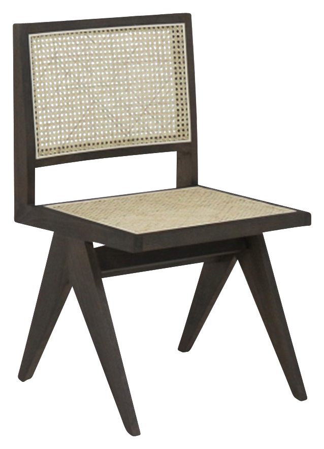 Dark brown rattan dining chair without armrests, model Pierre, showcasing woven texture and sturdy wooden legs.