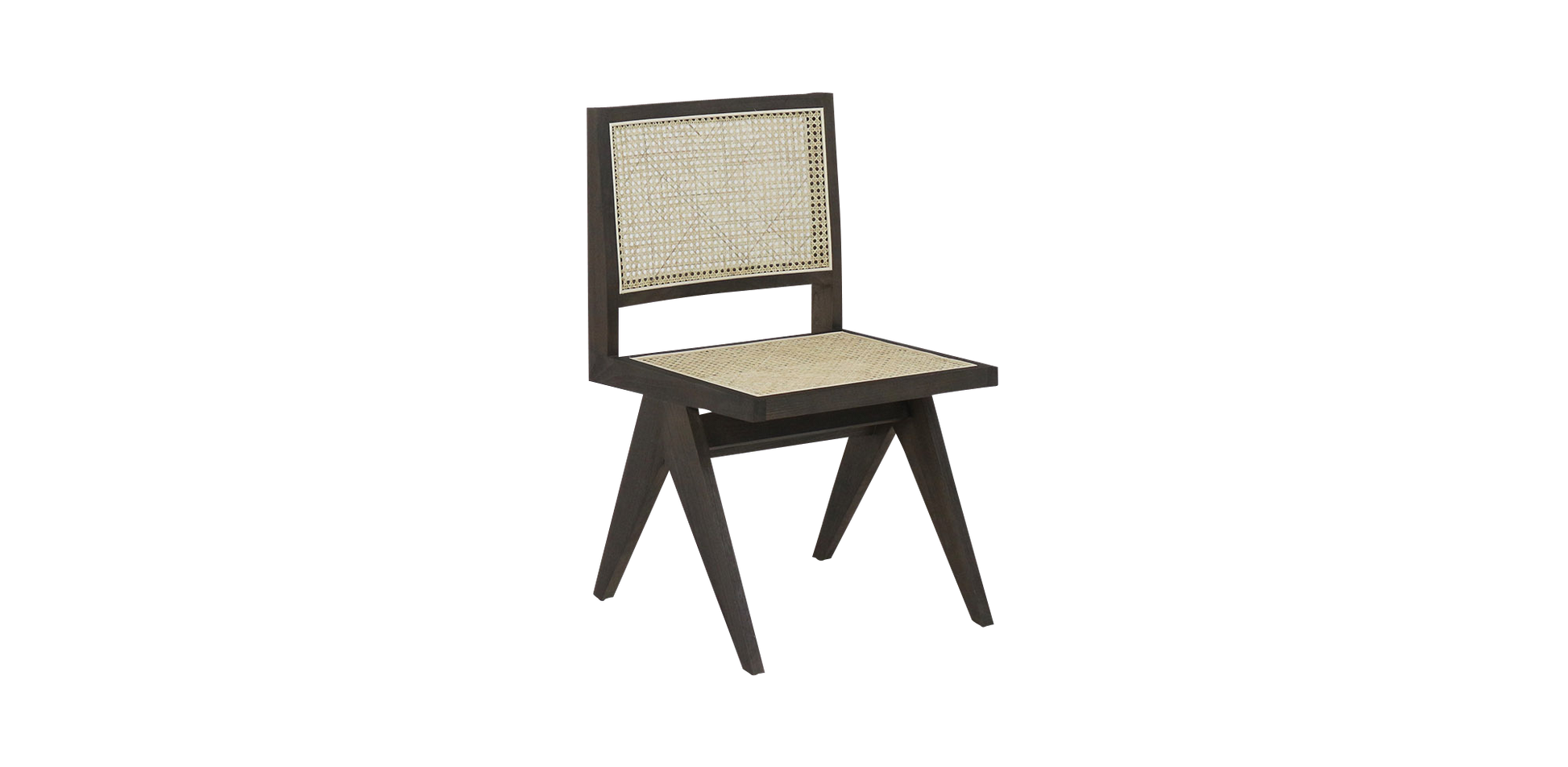 Dark brown rattan dining chair without armrests, model Pierre, showcasing a stylish and sturdy design for modern dining spaces.