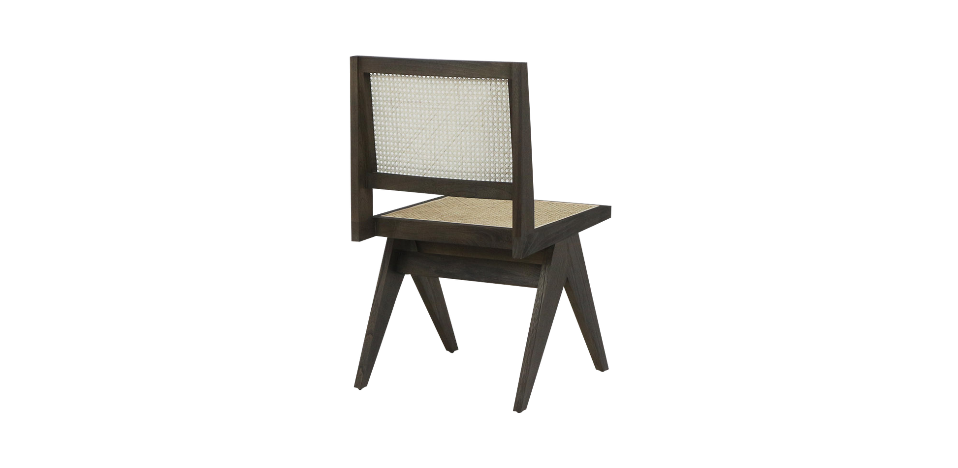 Dark brown rattan dining chair without armrests, model Pierre, showcasing sleek woven design and sturdy frame.