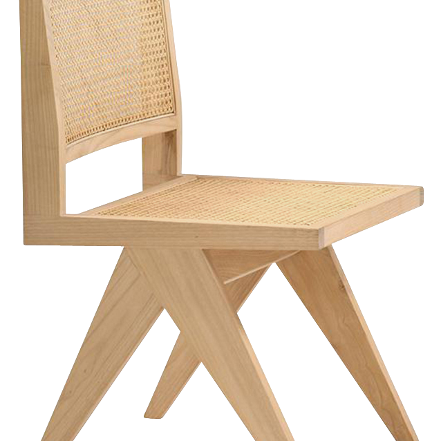 Natural rattan dining chair without armrests, Pierre style by My Store, showcasing woven rattan seat and sleek wooden legs.
