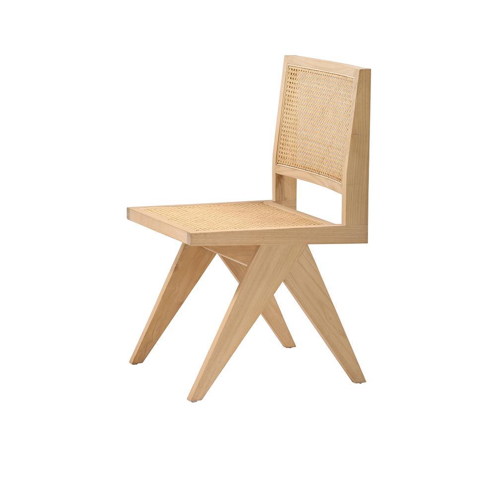 Natural rattan dining chair without armrests, model Pierre, by My Store, showcasing woven rattan seat and sleek wooden legs.