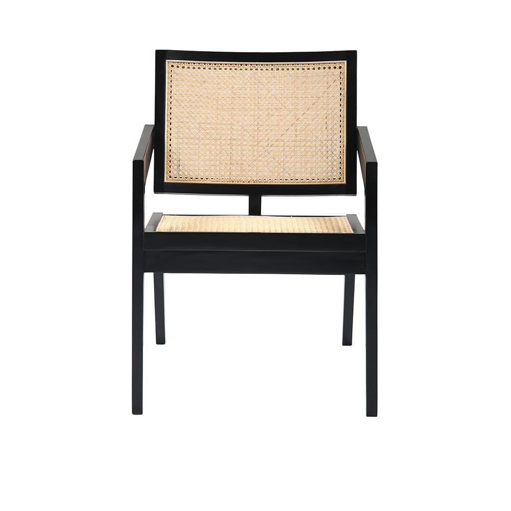 Black rattan fauteuil named Pierre with a modern design, featuring a woven rattan seat and backrest for stylish comfort.