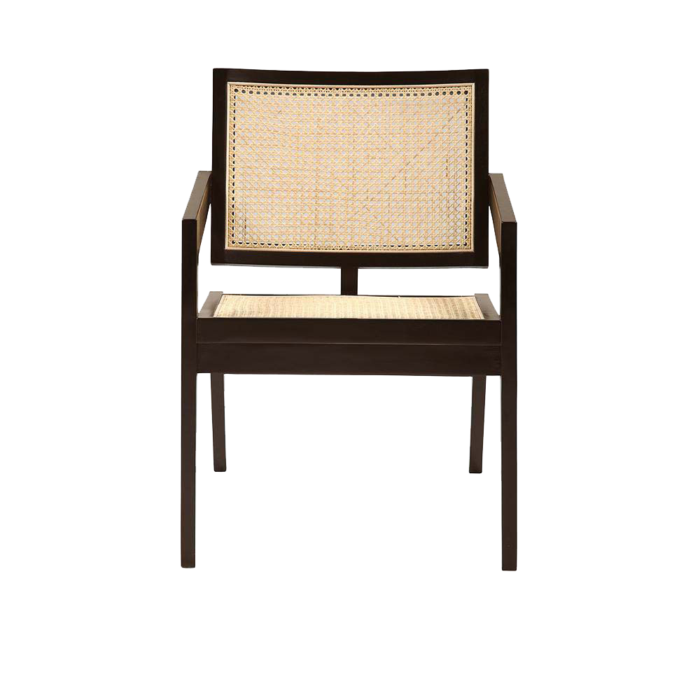 Dark brown rattan fauteuil chair with a curved design, featuring a sturdy frame and woven rattan details.