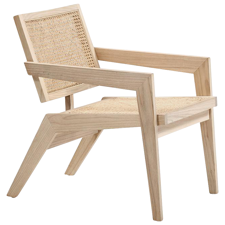 Natural rattan fauteuil chair named Pierre with a woven design, showcasing its elegant curved frame and light finish.