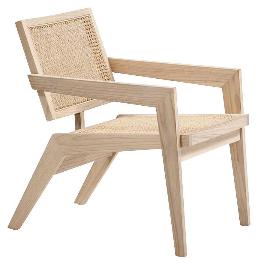 Natural rattan fauteuil chair named Pierre with a woven design, showcasing its elegant curved frame and light finish.