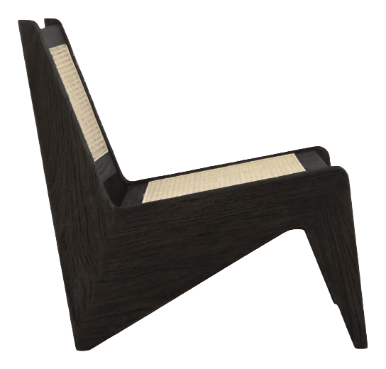Black rattan kangaroo chair named Pierre, featuring a modern design with woven rattan and a sturdy frame.