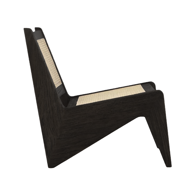 Black rattan kangaroo chair named Pierre with a curved design, perfect for modern living spaces and relaxation.