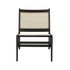 Black Rattan Kangaroo Chair named Pierre with a curved design, featuring woven rattan material and a sturdy frame.