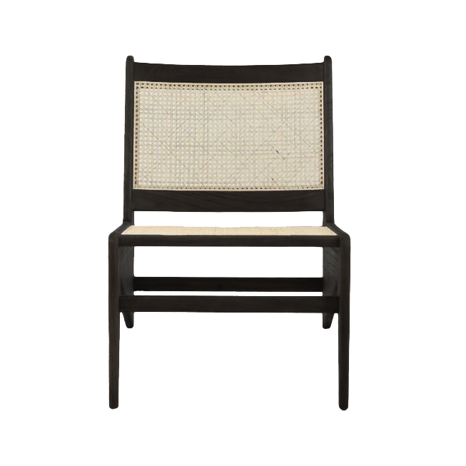 Black Rattan Kangaroo Chair named Pierre with a curved design, featuring woven rattan material and a sturdy frame.