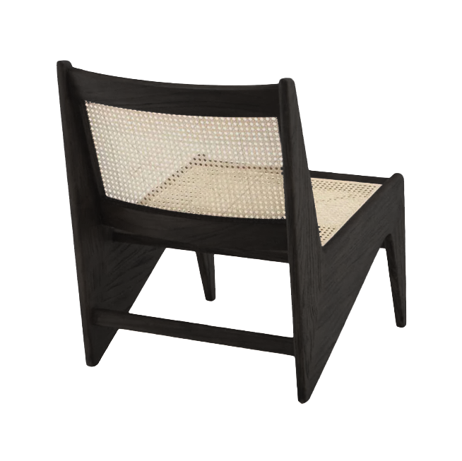 Black Rattan Kangaroo Chair called Pierre featuring a woven rattan design and a cozy, modern silhouette.
