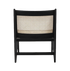 Black rattan kangaroo chair named Pierre with a curved design and sturdy frame, perfect for modern home decor.