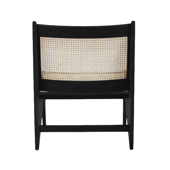 Black rattan kangaroo chair named Pierre with a curved design and sturdy frame, perfect for modern home decor.