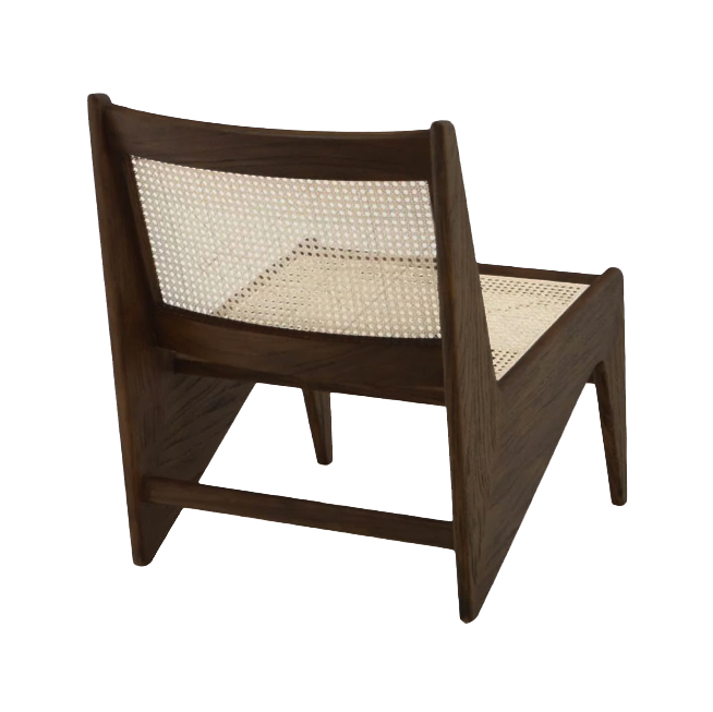 Dark brown rattan Kangaroo Chair named Pierre with a curved seat and sturdy frame, perfect for stylish indoor or outdoor seating.