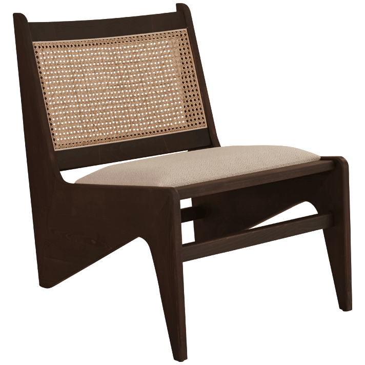 Dark brown rattan Kangaroo Chair with upholstered seat, designed by Pierre, featuring a stylish and comfortable seating option.
