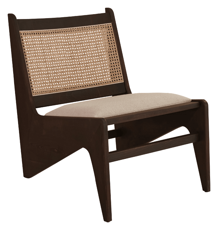 Dark brown rattan Kangaroo Chair with upholstered seat, designed by Pierre, featuring a stylish and comfortable seating option.