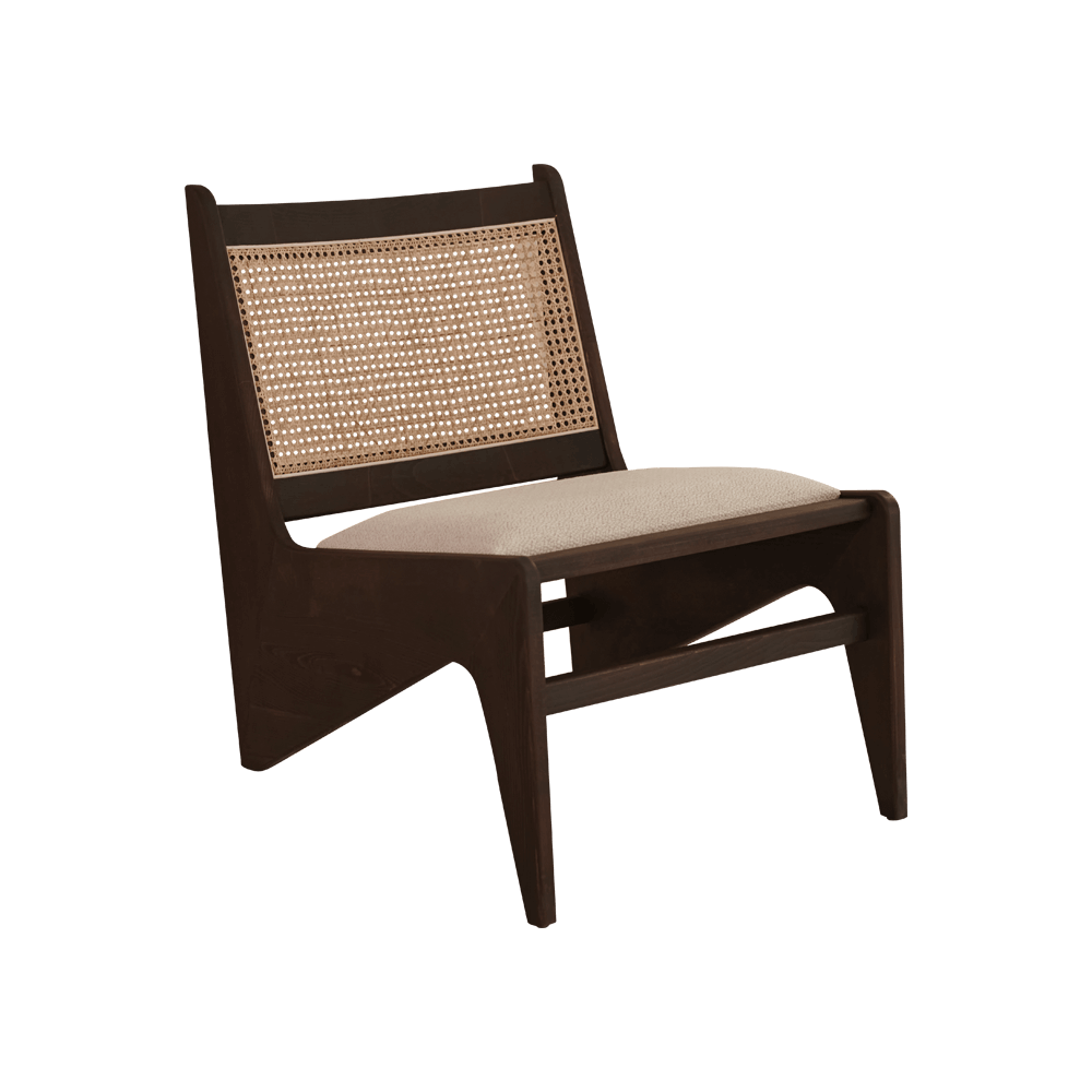 Dark brown rattan Kangaroo chair with upholstered seat named Pierre, stylish and comfortable for modern living spaces.