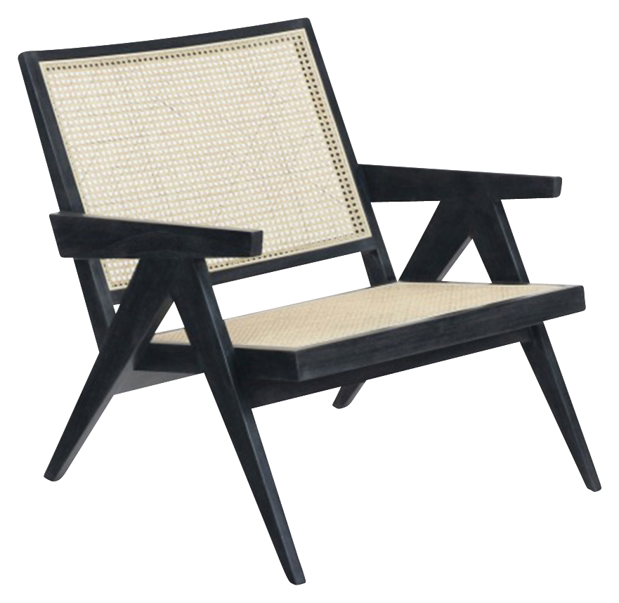 Black rattan lounge chair named Pierre featuring a modern design, perfect for indoor or outdoor relaxation.