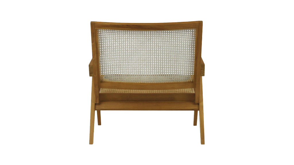 Brown rattan lounge chair named Pierre with a modern design, featuring a comfortable seat and stylish armrests.
