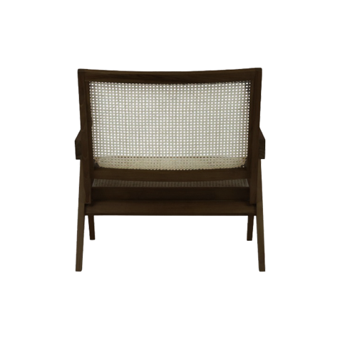 Dark brown rattan lounge chair named Pierre with a modern design, featuring a sturdy frame and comfortable seating.