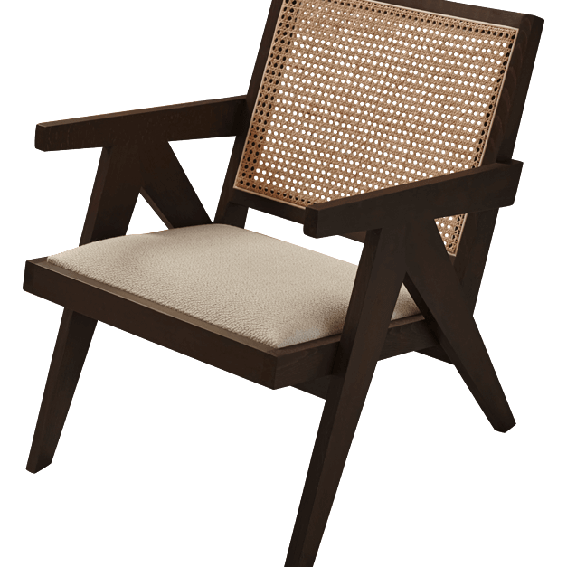 Dark brown rattan lounge chair with upholstered seat named Pierre, stylish and comfortable for indoor or outdoor relaxing spaces.