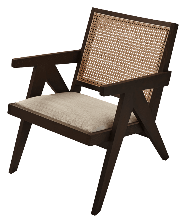 Dark brown rattan lounge chair with upholstered seat named Pierre, stylish and comfortable for indoor or outdoor relaxing spaces.