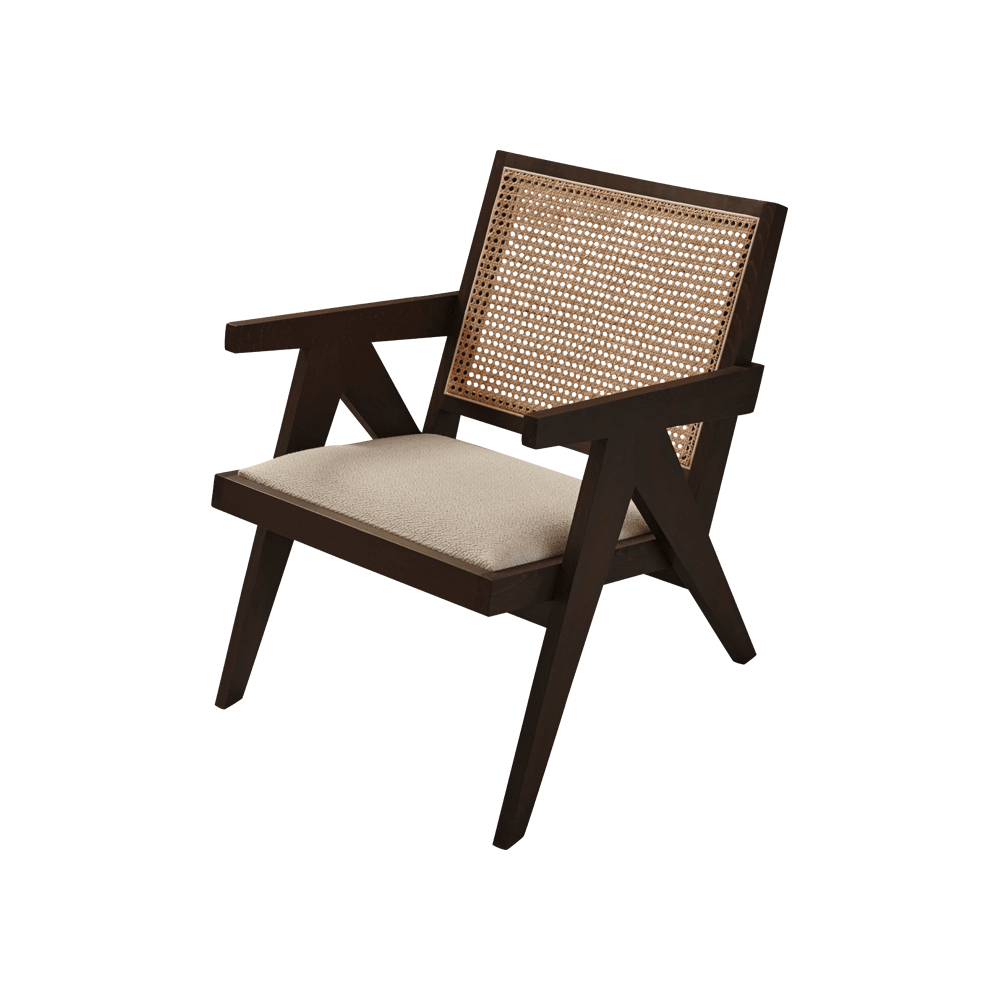 Dark brown rattan lounge chair with upholstered seat, model Pierre, stylish and comfortable for indoor or outdoor relaxation.