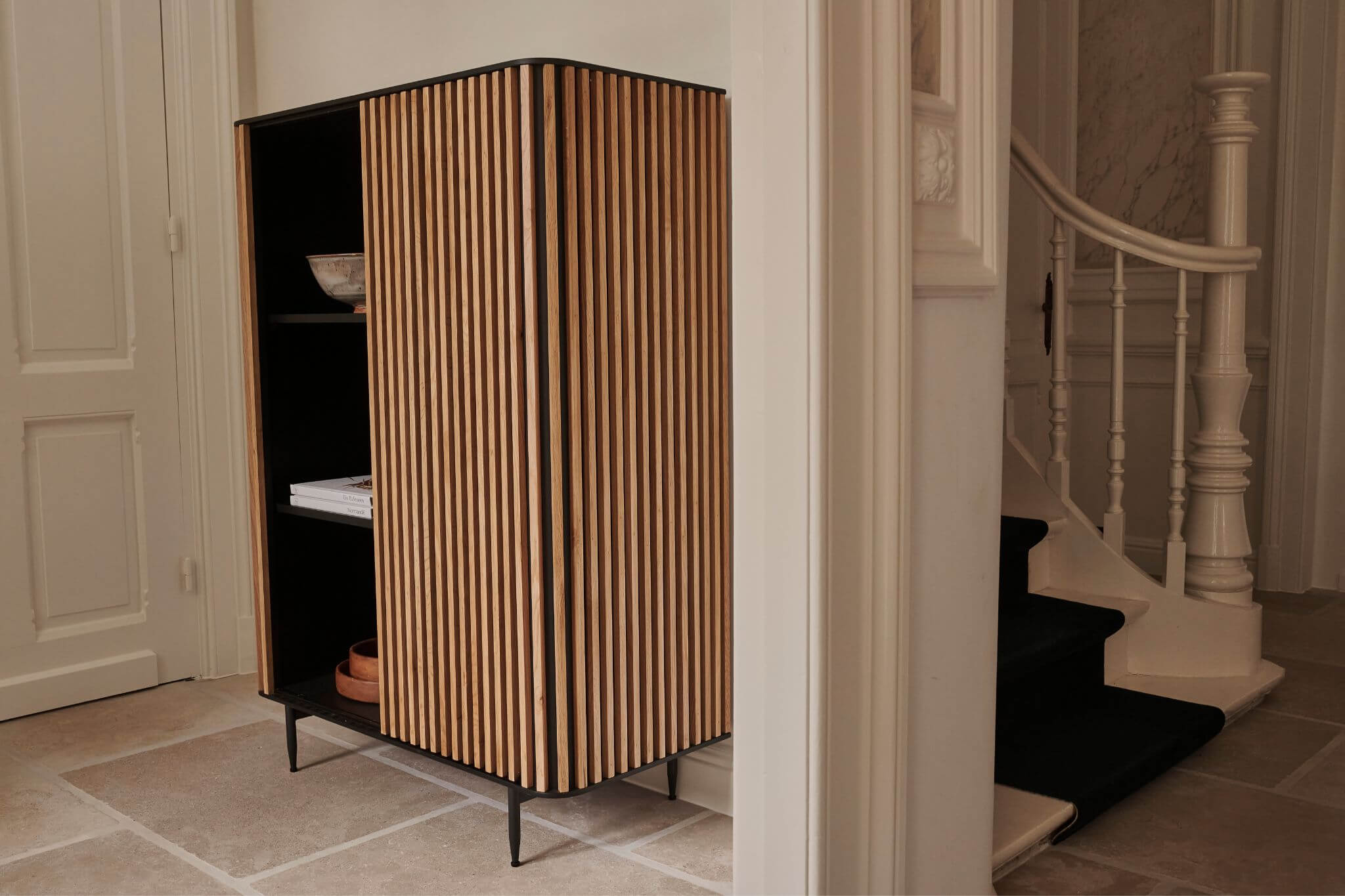 Brown oak ZINIA Cabinet by My Store with sleek wood finish and modern design, featuring multiple storage compartments.